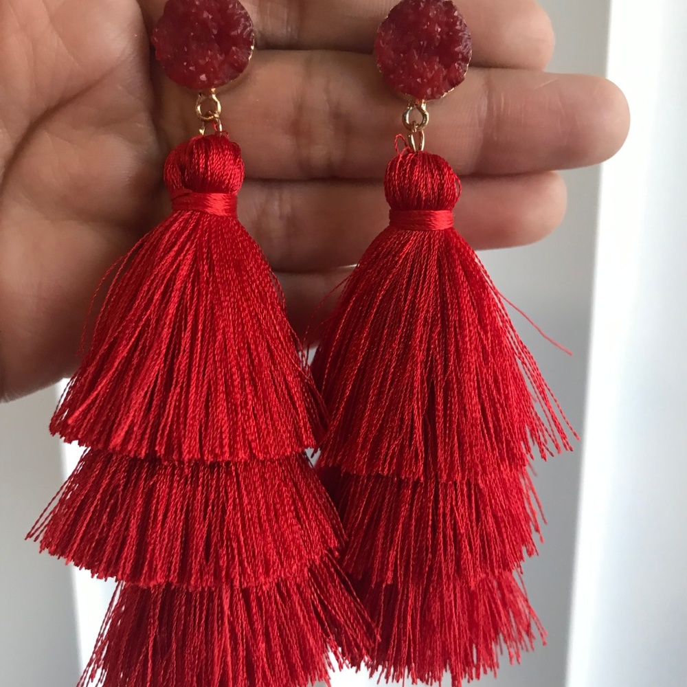 New Red Tassel Tiered Druzy Bohemian Earrings